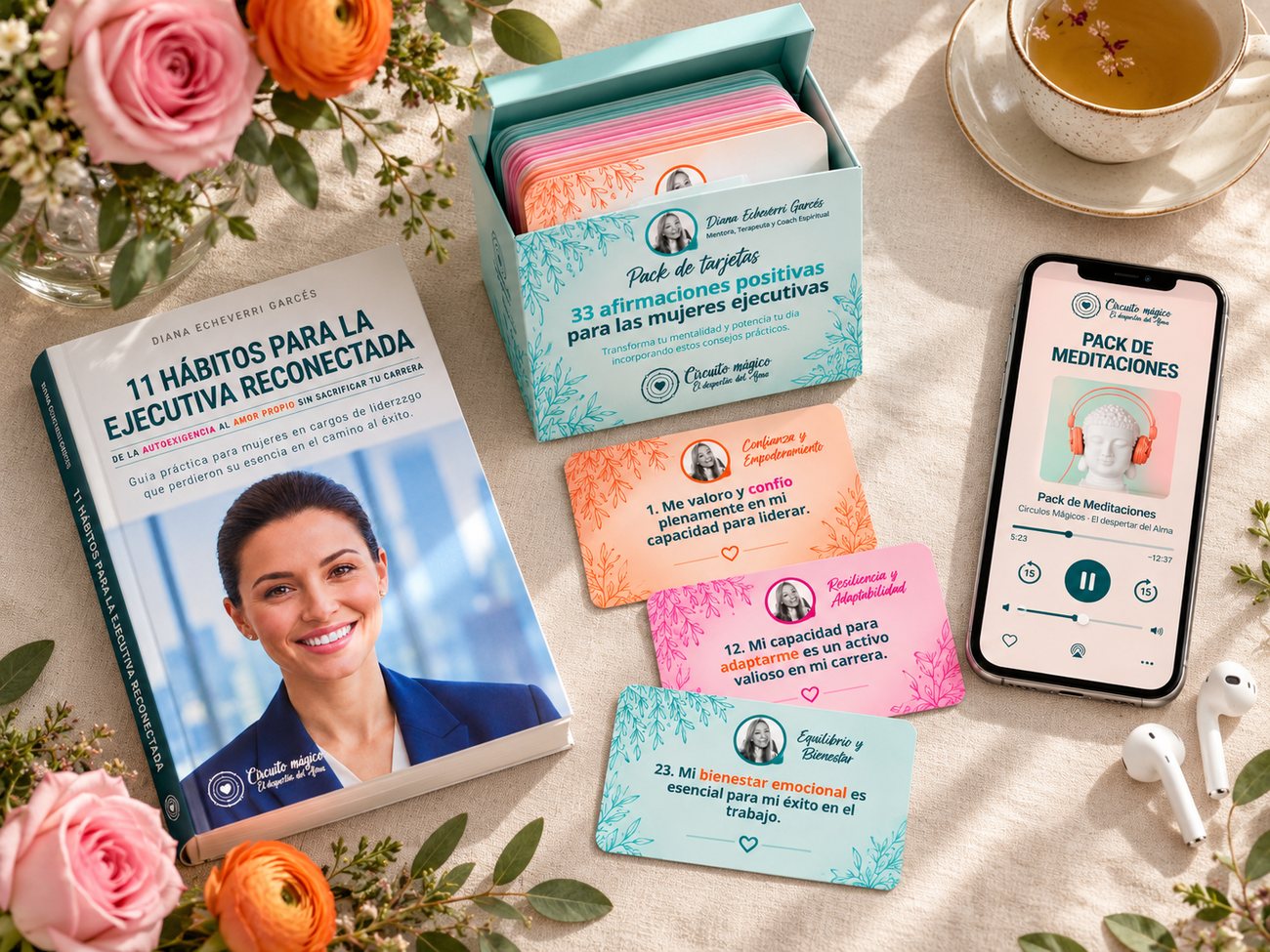 Kit de Reconexión Interior: libro, caja de 33 afirmaciones, tarjetas y celular con el pack de meditaciones, rodeados de flores
